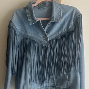 Fringe Denim Jacket with Embellished Bee